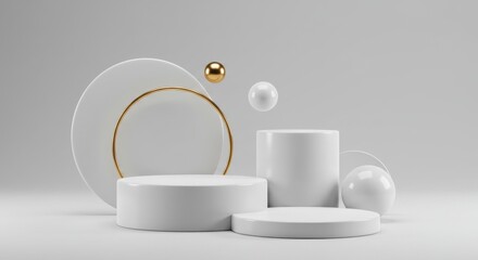 Minimalist white podiums and spheres with gold accents on a light gray background