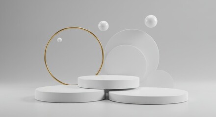 Minimalist white podiums with gold ring and spheres on a light gray background
