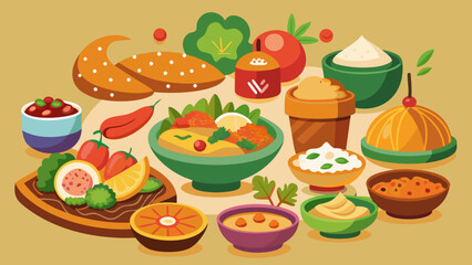 Vector art of an appetizing spread of indian cuisine including flavorful curries fresh vegetables and sweet desserts is artfully arranged on a light yellow
