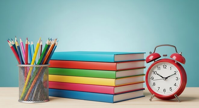 Stack of colorful books pencils and alarm clock on wooden desk