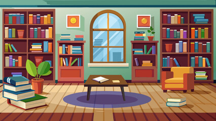 Vector art of a cozy library interior scene with tall bookshelves filled with books a comfortable armchair a coffee table with books and a large arched window