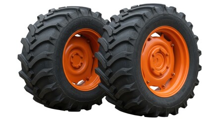 Two large tractor tires with bright orange rims isolated on a white background