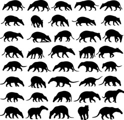 A collection of badger silhouettes in various poses, including walking, standing, and foraging, arranged in a grid pattern.