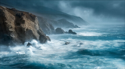 Fototapeta premium Waves crashing against coastal cliff during hurricane conditions, photorealistic stormy sea
