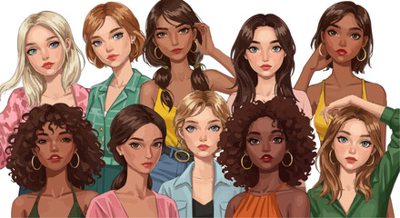 Illustration of ten diverse women with varying hairstyles and skin tones standing together in a group