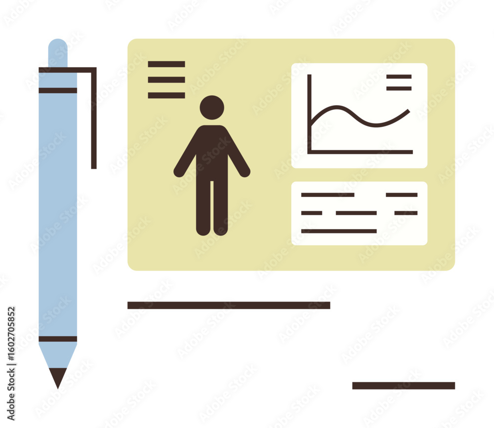 Poster pen next to id card showing person icon, data charts, and text details. ideal for identification, an