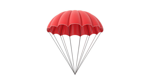 A 3D rendering of a bright red parachute floating against a pure white background.