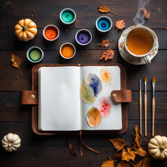 Top View of Creative Work Desk with Autumn Theme