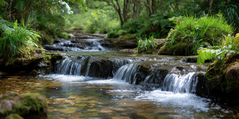 Natural waterfall cascading into clear stream surrounded by green plants and moss creating peaceful forest scene