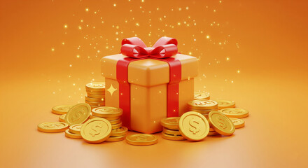 Illustrative Cartoon-Style 3D Render of Gift Box with Gold Coins on Gradient Orange Background.