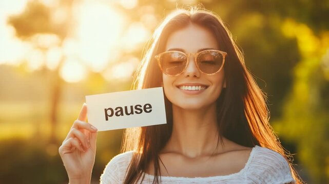 Young woman wearing sunglasses and casual clothes, holding a sign with the word pause written on it, smiling at the camera in a sunny park, taking a break from stress and enjoying a moment of peace
