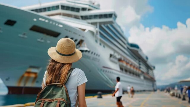 Woman admiring large cruise ship at sunny port while wearing a straw hat and carrying a backpack