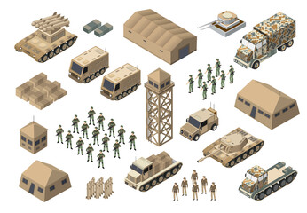 Military base with soldiers, vehicles and buildings isometric set