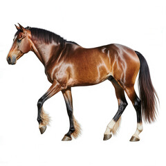 Obraz premium Majestic Horse in Motion: A stunning, chestnut-colored horse gracefully strides forward, showcasing its powerful physique and elegant gait. Capturing equine beauty in its purest form.