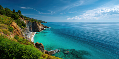 Obraz premium Sun drenched coastal cliffs with turquoise sea and lush green vegetation under bright blue sky with scattered clouds