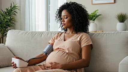 Pregnant woman monitoring blood pressure at home in relaxed living room setting - Powered by Adobe