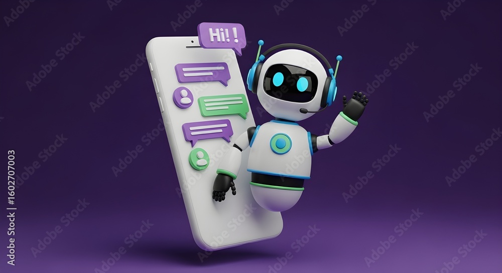 Aufkleber hi chatbot! on mobile phone with speech bubbles | 3d rendering of cute robot assistant for customer 