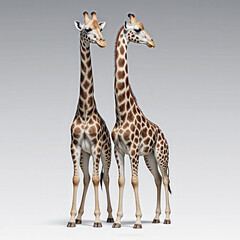 Obraz premium Pair of Giraffes: Two majestic giraffes, with their distinctive patterned coats and long necks, stand together in a vibrant environment, showcasing the beauty and grace of African wildlife.
