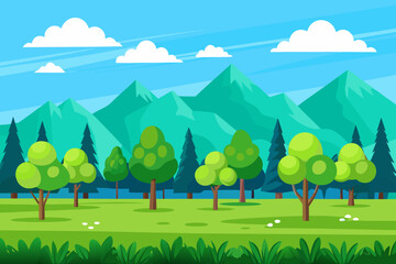 Cartoon Landscape with Green Trees and Mountains
