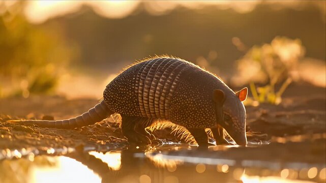 An armadillo drinks from shallow water at sunset, bathed in warm light