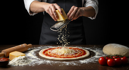 Chef grating cheese onto pizza dough for homemade Italian cuisine