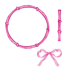 Set Pink frame of watercolor bamboo stems and bow, border for design and decoration of banners, invitations and cards