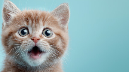 Fototapeta premium Adorable surprised kitten on blue background