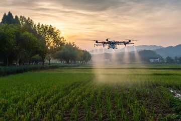 Fototapeta premium A drone spraying techniques on rice fields in the morning light