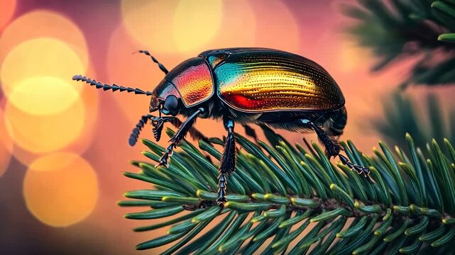 Vibrant beetle on pine branch