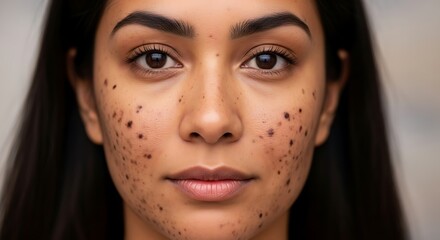 Close up portrait of a young Indian woman with acne blemishes on her face representing skin health challenges and beauty diversity