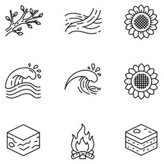 Set of minimalist nature and element icons featuring sunflower waves fire branch and rock