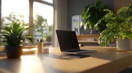 Modern home office setup with laptop, plants and natural light for remote work and productivity silhouette