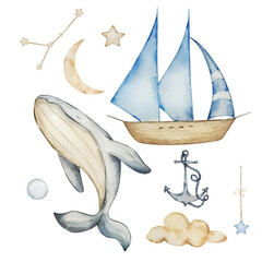 Watercolor Whale and Boat set, dreamy design for decorating banners, invitations and cards