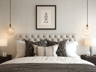 A minimalist bedroom interior featuring a tufted headboard, patterned pillows, and hanging globe lights flanking a framed geometric print against a textured wall