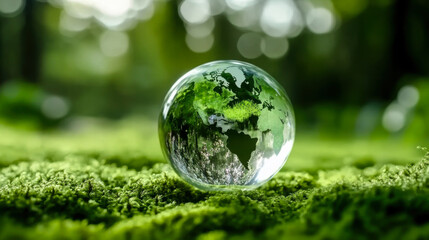 Crystal globe glass on green moss in forest to protect nature Save and care World for sustainable