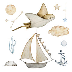 Watercolor Stingray and Boat set, dreamy design for decorating banners, invitations and cards