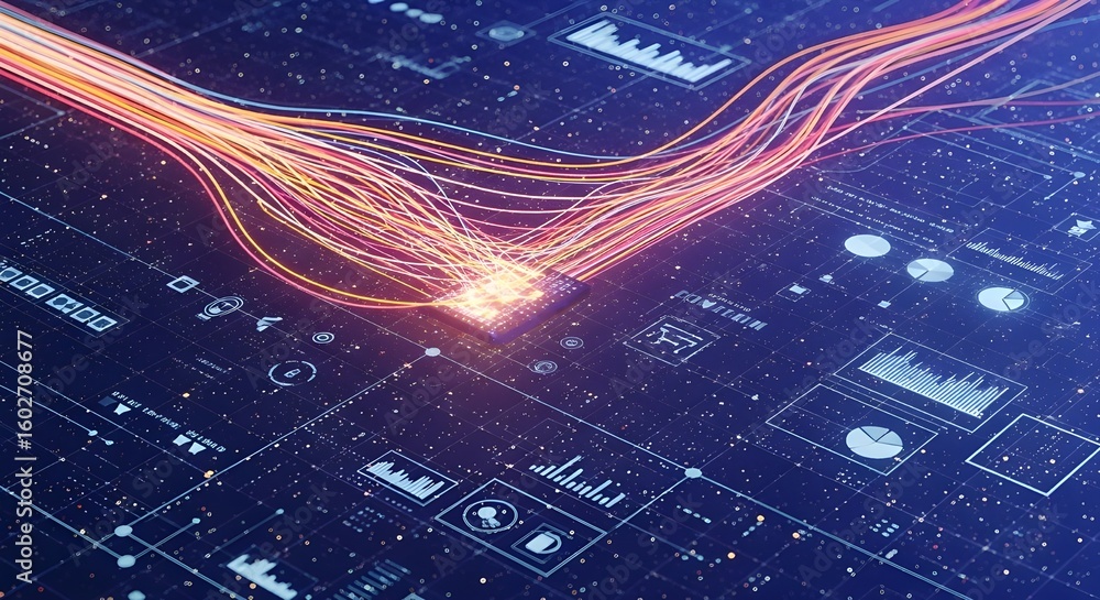 Aufkleber fiber optic data transfer visualization - digital information flow on electronic circuit board | hig