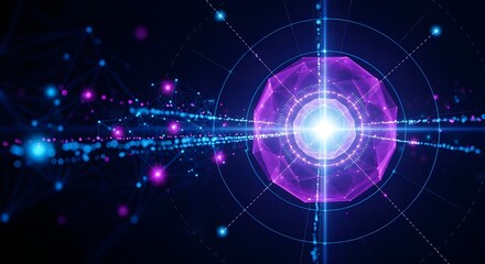 Fototapeta premium Abstract Octagon with Glowing Light Trails and Geometric Orbits | Futuristic Data Visualization for Technology Backgrounds, Science Presentations, and Tech Industry Marketing