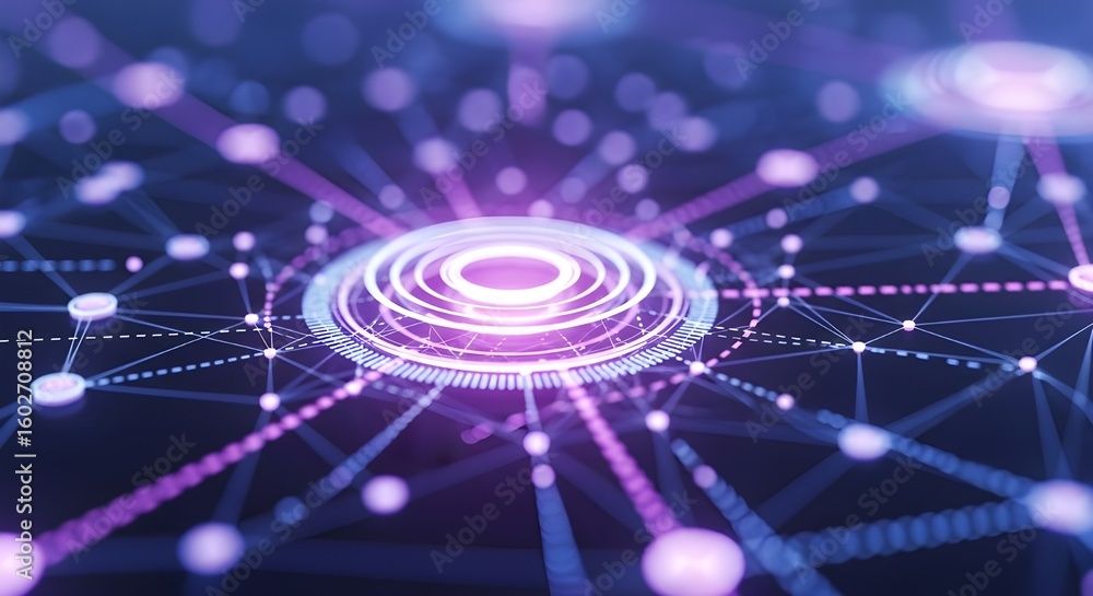 Aufkleber abstract network connection with purple and blue glowing nodes | data communication technology backg