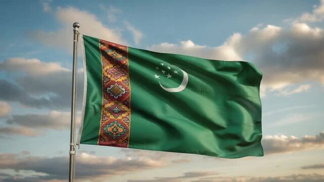 Close-Up of Turkmen Flag in Wind Under Cloudy Sky