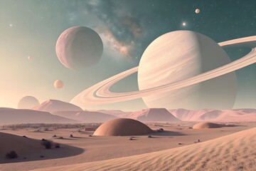 An ethereal illustration of a UFO hovering over desert dunes at sunset, with a distant space station visible against the night sky