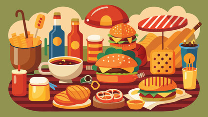 Vector art of a colorful illustration of a picnic spread with burgers hot dogs fries drinks and various condiments arranged on a patterned tablecloth
