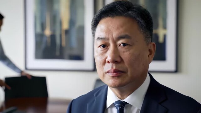 Focused portrait of a confident Asian CEO in an office setting, concept for executive presentation, corporate leadership video and global business ventures