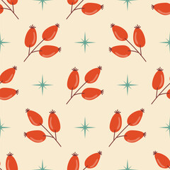 Red rosehip branch with berries and stars in neat polka dot order seamless pattern.