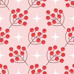 Cute seamless pattern with red rowan berries branch and stars in polka dot order.
