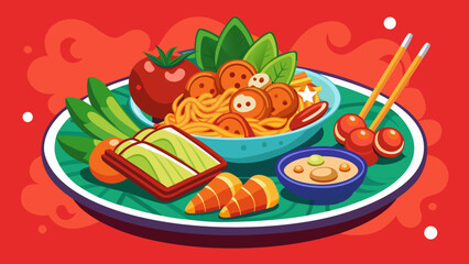 Vector art of a delicious and healthy asian meal featuring noodles meatballs fresh vegetables and a dipping sauce presented on a colorful plate with chopsticks