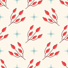 Seamless pattern with red rosehip berries branch and stars in even polka dot order.