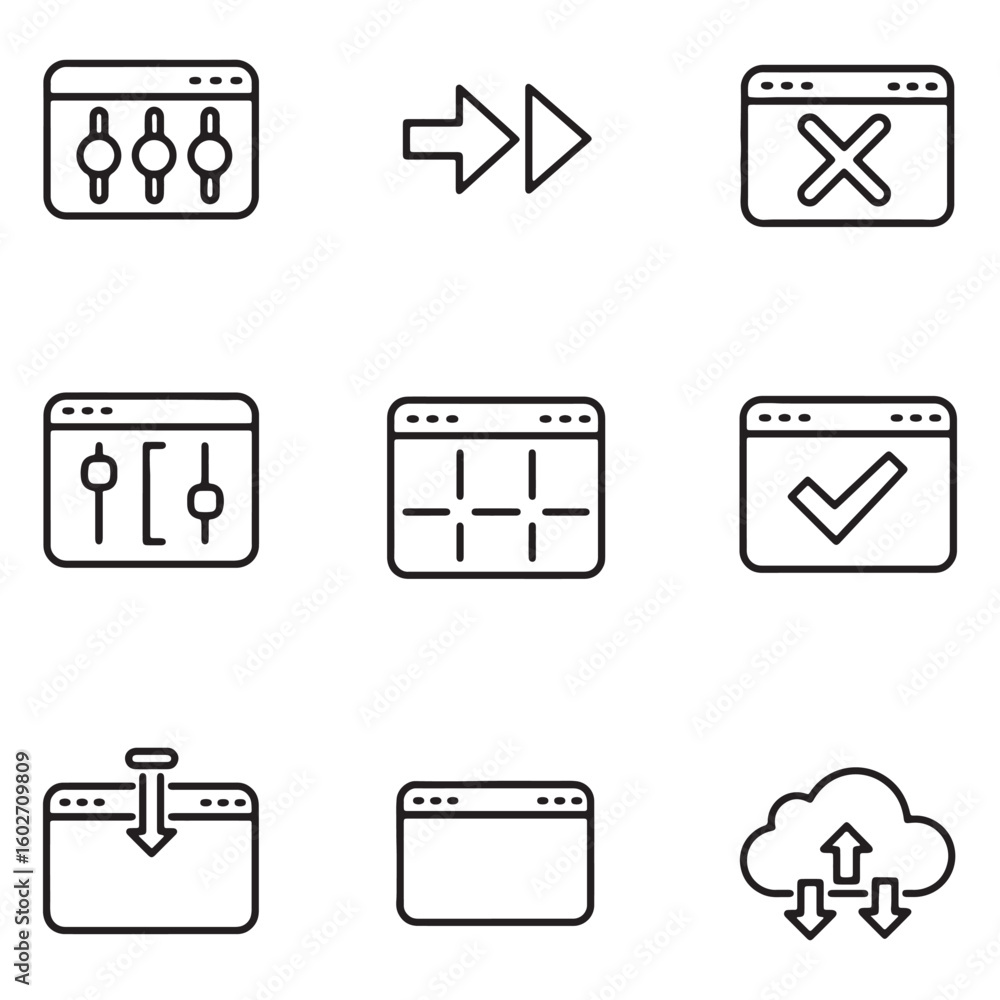 Aufkleber Set of vector line icons illustrating user interface elements for websites and applications