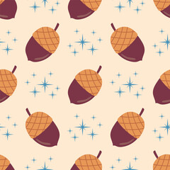 Cute seamless pattern with acorns and blue stars on pastel beige background in polka dot order.