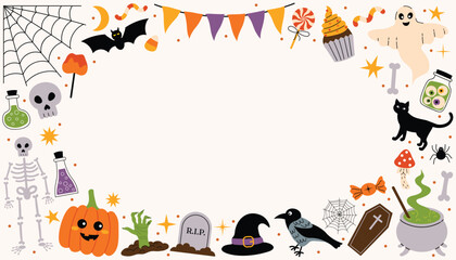 Cute happy Halloween horizontal frame with spider web, skeleton, pumpkin lantern, candies, bunting, black cat and more.